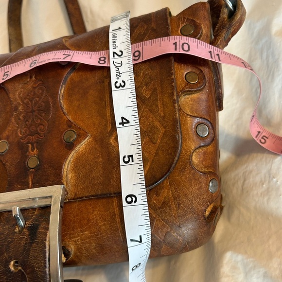 VINTAGE 60-70s Handmade Hand Tooled Brown Leather Boho Western Shoulder Bag - Picture 11 of 13